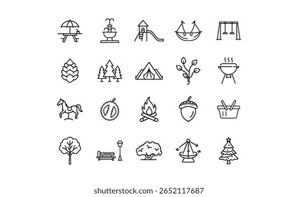 A collection of black line icons representing various outdoor elements and recreational activities.
