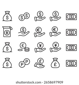Uma coleção de ícones de linha preta que representam vários símbolos monetários, incluindo o iene e a libra esterlina do euro em dólares, representados como moedas, notas e sacos de dinheiro sobre um fundo branco.