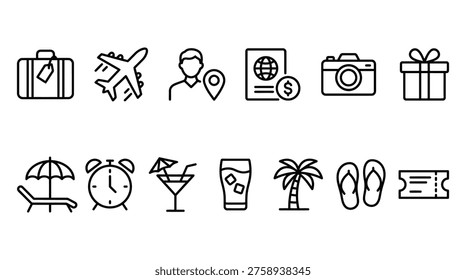 a collection of black line icons representing travel and vacation concepts, including luggage, airplane, camera, and cocktail