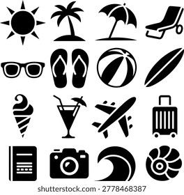 Collection of black line icons representing various vacation and travel essentials for summer leisure activities
