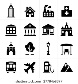 Collection of black line icons representing various buildings architecture landmarks and transportation symbols