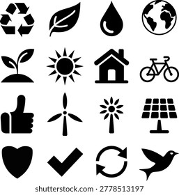 Collection of black line icons representing ecofriendly living sustainability and renewable energy concepts