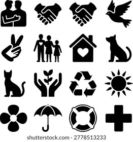 Collection of black line icons representing various symbols for lifestyle concepts and social themes