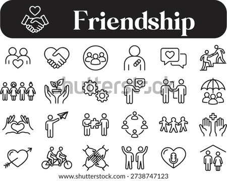 Collection of black line icons representing friendship and relationships on transparent background