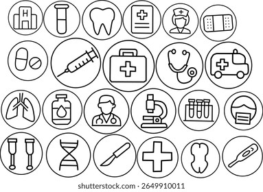 Collection of black line medical icons in circular frames, including hospital, doctor, syringe, stethoscope, DNA, ambulance, and surgical tools.