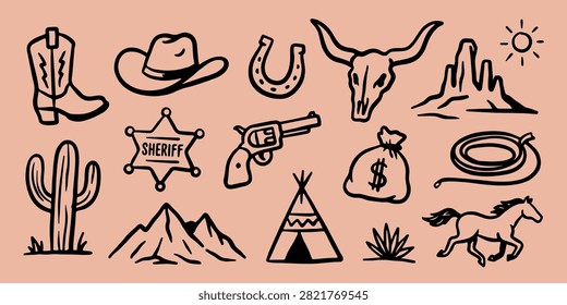 A collection of black line on a solid peach-colored background. The set iconic Wild West imagery including a cowboy boot, hat, horseshoe, longhorn skull, mountains, sun, cactus, sheriff star badge, revolver, money bag with a dollar sign, coiled lasso, teepee, desert plant, and a galloping horse. Each is rendered in a simple, bold, hand-drawn doodle style with uniform stroke thickness, arranged in a grid-like pattern.