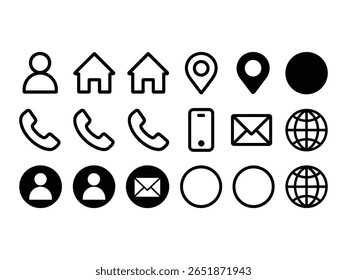 Collection of black linear icon set including user, house, location, phone, mobile, mail and globe on a white background.