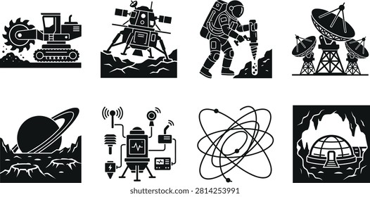 A collection of black linear silhouette vector icons depicting space exploration, astronaut drilling, lunar rovers, radar dishes, planetary bases, and science equipment on a white background.