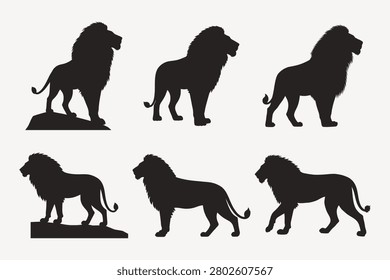 Collection of black lion silhouettes in various stances against a plain white background, emphasizing shape and form