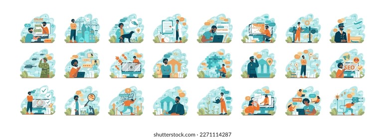 Collection of black man of various occupations. Male characters wearing a professional uniform set. Doctor, teacher, scientist, police officer. Flat vector illustration