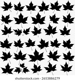 A collection of black maple leaf silhouettes arranged on a grid pattern against a white background.