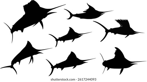 a collection of black marlin silhouettes swimming in various directions, set against a clean and white background