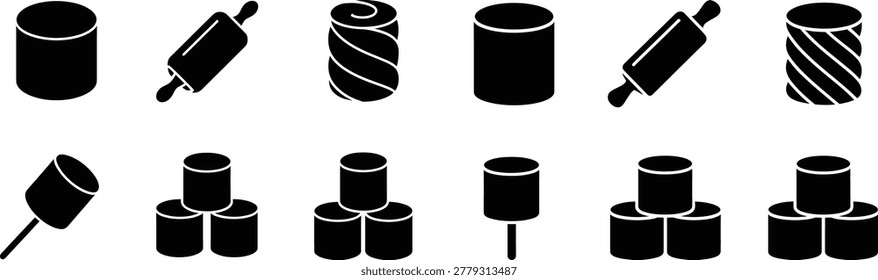 Collection of black marshmallow vector silhouettes featuring soft cylinders twisted ropes bonfire treats on skewers stacked sugar snacks and baking ingredients.