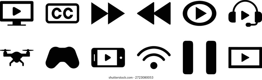 Colección de la reproducción de medios en negro y la tecnología de símbolos Monitor de pantalla de Botón
