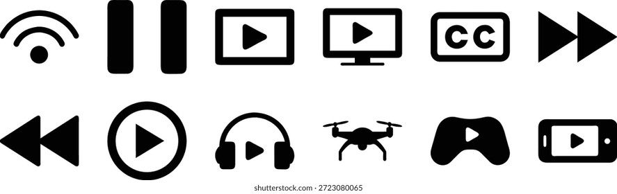 Colección de reproducción de medios negros y tecnología en fondo blanco Detención de pausa de señal WiFi