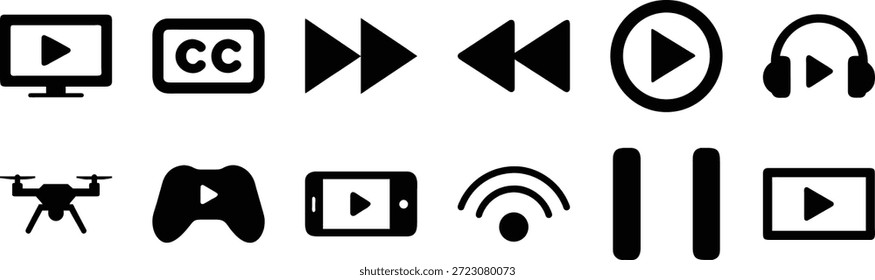 Collection of black media playback and technology on white screen monitor closed
