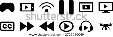 Collection of black media playback and technology on white background 1
