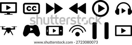 Collection of black media playback and technology on white screen monitor closed