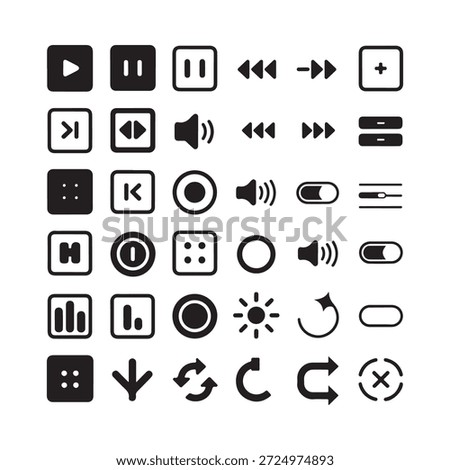 Collection of black media player and control interface icons displayed neatly