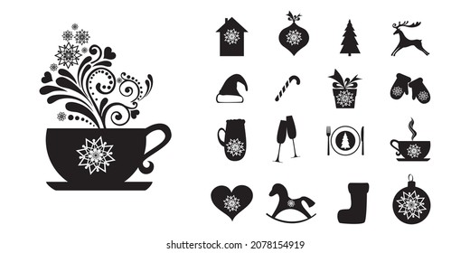 Collection of black Merry Christmas Symbol design elements isolated on white background. Christmas decoration set  to embellish your holiday layouts. Vector illustration
