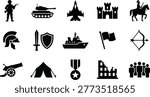 Collection of black military and war vector icons representing historical and modern combat elements for graphic design projects and educational resources.
