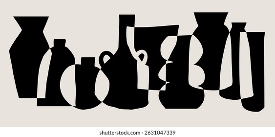 A collection of black modern art cutout style vase silhouettes in various shapes overlapping on a light beige background, Vector minimalist abstract composition poster for ads, social media, home deco