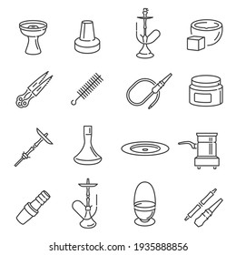 Collection of black monochrome hookah icons vector illustration. Set of linear smoking tobacco equipment isolated on white background. Bundle of east traditional lounge fun tools aroma accessory