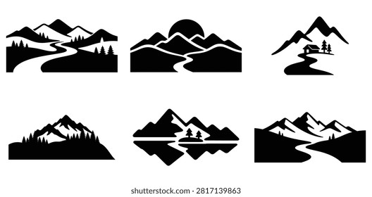 Collection of black mountain landscape silhouettes on white background.
