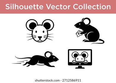 Eine Sammlung von Silhouetten aus schwarzer Maus und Ratte in verschiedenen Posen, darunter ein Gesicht, Käse essen, laufen und von einem Monitor aus gucken.