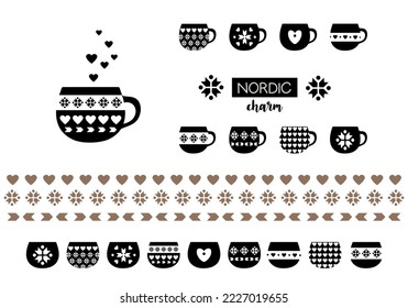 Collection of black mug icons with scandinavian style inspired pattern, vector isolated on white