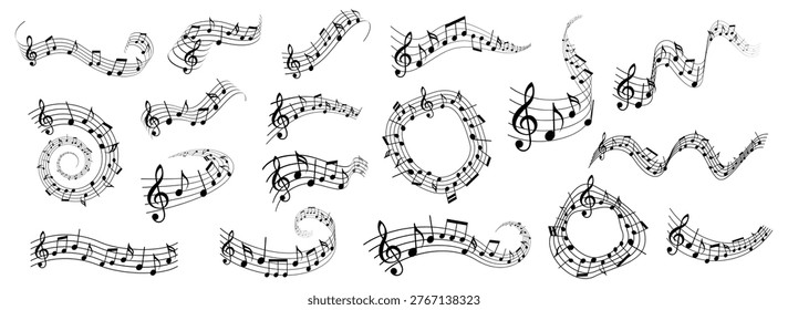Collection of black musical notation elements treble clefs, staves, notes, and spiraling ribbons scattered on white background. Vector illustration