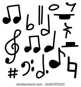 A collection of black musical notes and symbols in a playful hand-drawn style. Ideal for creative projects related to music, education, or design. Perfect for posters, lesson materials.