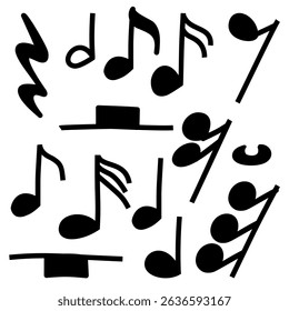 A collection of black musical notes and symbols in a playful hand-drawn style. Ideal for creative projects related to music, education, or design. Perfect for posters, lesson materials.