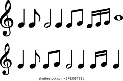 A collection of black musical notes and symbols, including treble clefs and various note durations, presented as a vector illustration.