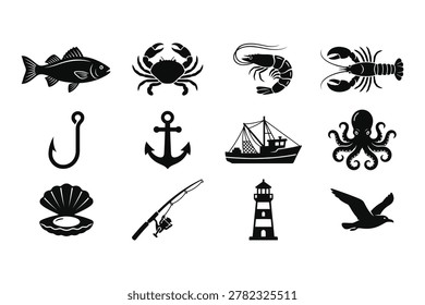 Collection of black nautical icons including seafood, fishing tools, and maritime symbols