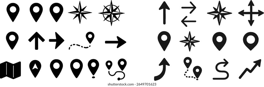 A collection of black navigation icons including map pins, compass designs, and directional arrows arranged in a structured layout. These symbols represent guidance and orientation.