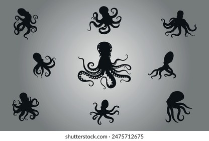 Una colección de siluetas de pulpo negro. Vector sobre fondo gris