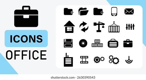 Collection of black office and technology icons