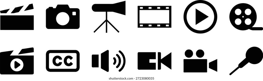 Colección de negro y sobre fondo blanco cámara clapperboard jugar carrete de Botón