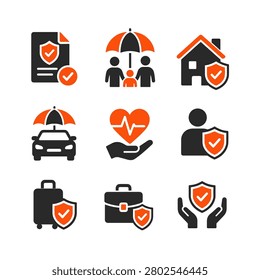 Collection of black and orange icons representing various insurance concepts on white background featuring rich color palette and exceptional visual clarity.