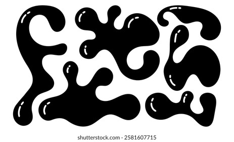 A collection of black organic blobs with irregular shapes is arranged in a playful manner. The design showcases varied curves and forms, conveying a sense of fluidity and creativity.