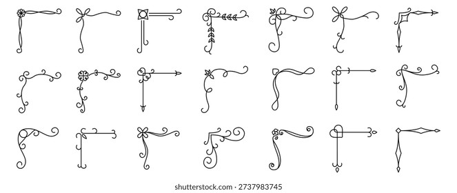 Collection of black ornamental corner and design flourishes on a white background varied scrolls, leaves, and arrow-tipped ends for borders, corners, and decorative accents. Vector illustration set