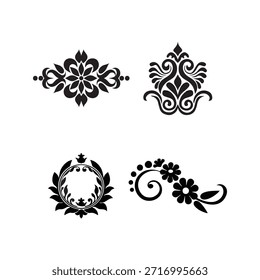 Uma coleção de elementos de design ornamental preto, incluindo bordas florais, quadros decorativos e floreios, isolados em branco.