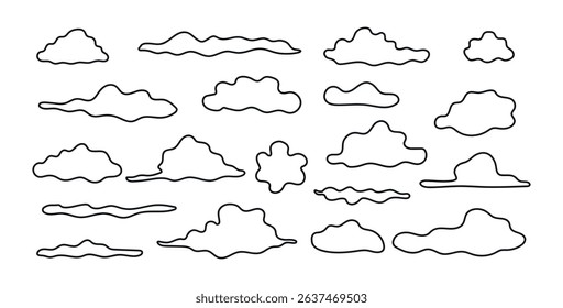 Collection of Black Outline Cloud Shapes on Isolated White Background. Concept of Weather Symbols, Minimalist, Abstract Sky Design, Set Clouds, Graphic Illustration, Nature Elements. ClipArt
