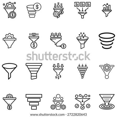 Collection of black outline funnel representing sales marketing and data processing