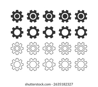 Collection of Black and Outline Gear Icons, Cogwheel Settings Symbols, Mechanical Engineering Elements, Industrial Tools, Vector Illustration for Technology, System Preferences, App Interface Design