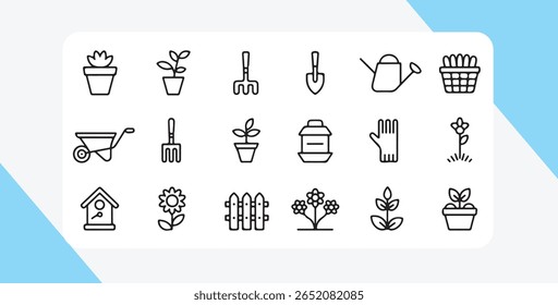 A collection of black outline icons depicting various gardening elements including plants in pots, tools, a watering can, a fence, and a birdhouse against a white and blue background.
