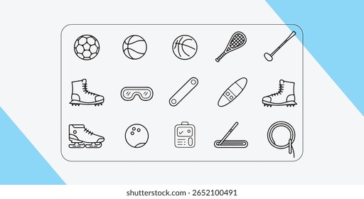 Uma coleção de ícones de contorno preto representando vários equipamentos esportivos, incluindo bolas, patins, óculos, ataduras, uma área de transferência, um esfregão e uma corda contra um fundo branco com formas geométricas azuis.