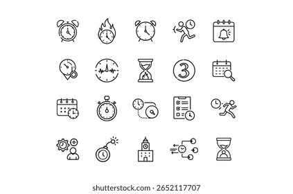 A collection of black outline icons related to time, including clocks, hourglasses, calendars, and running figures.