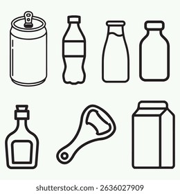 A collection of black outline icons representing various beverage containers and tools. The set includes a soda can, plastic bottle, glass milk bottle, small jar, liquor bottle, bottle opener